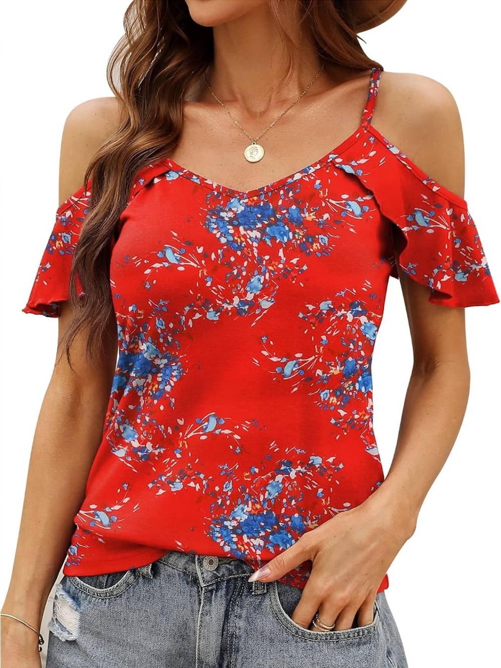 Women's Red Floral Cold-Shoulder Top
